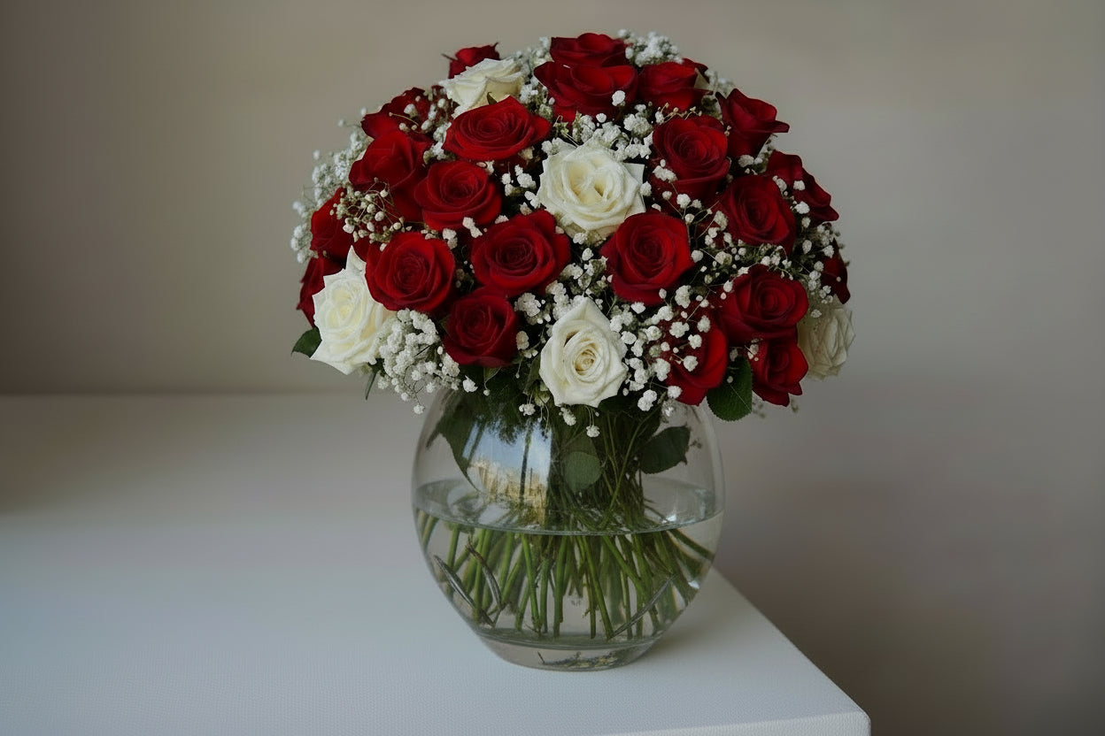 Bouquet of red and white roses in a Clear Vase with A Touch of Love'